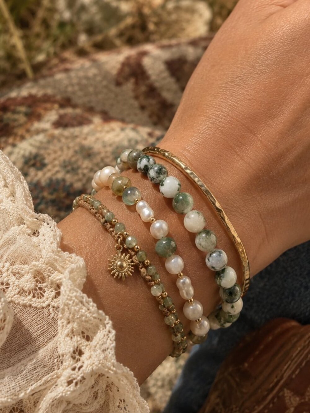 Cottagecore Bracelet Fairy Boho Stacking Jewelry Green Natural Moss Agate